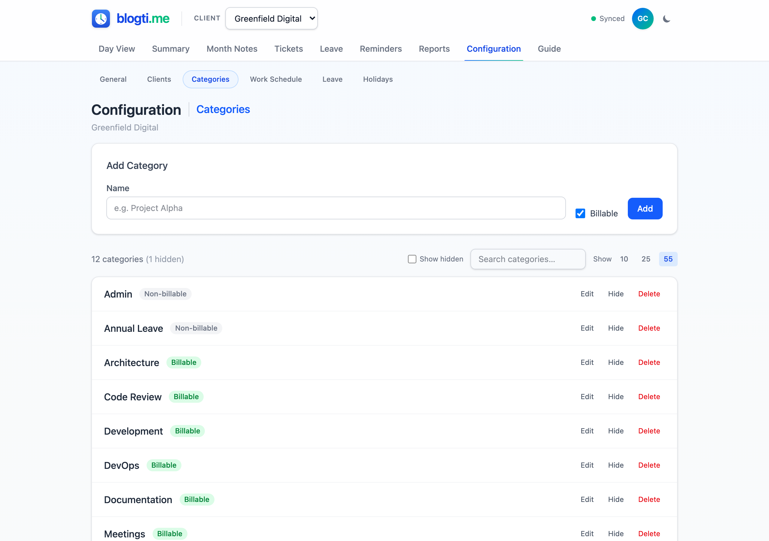 Categories page showing the add form and a list of existing categories with billable badges