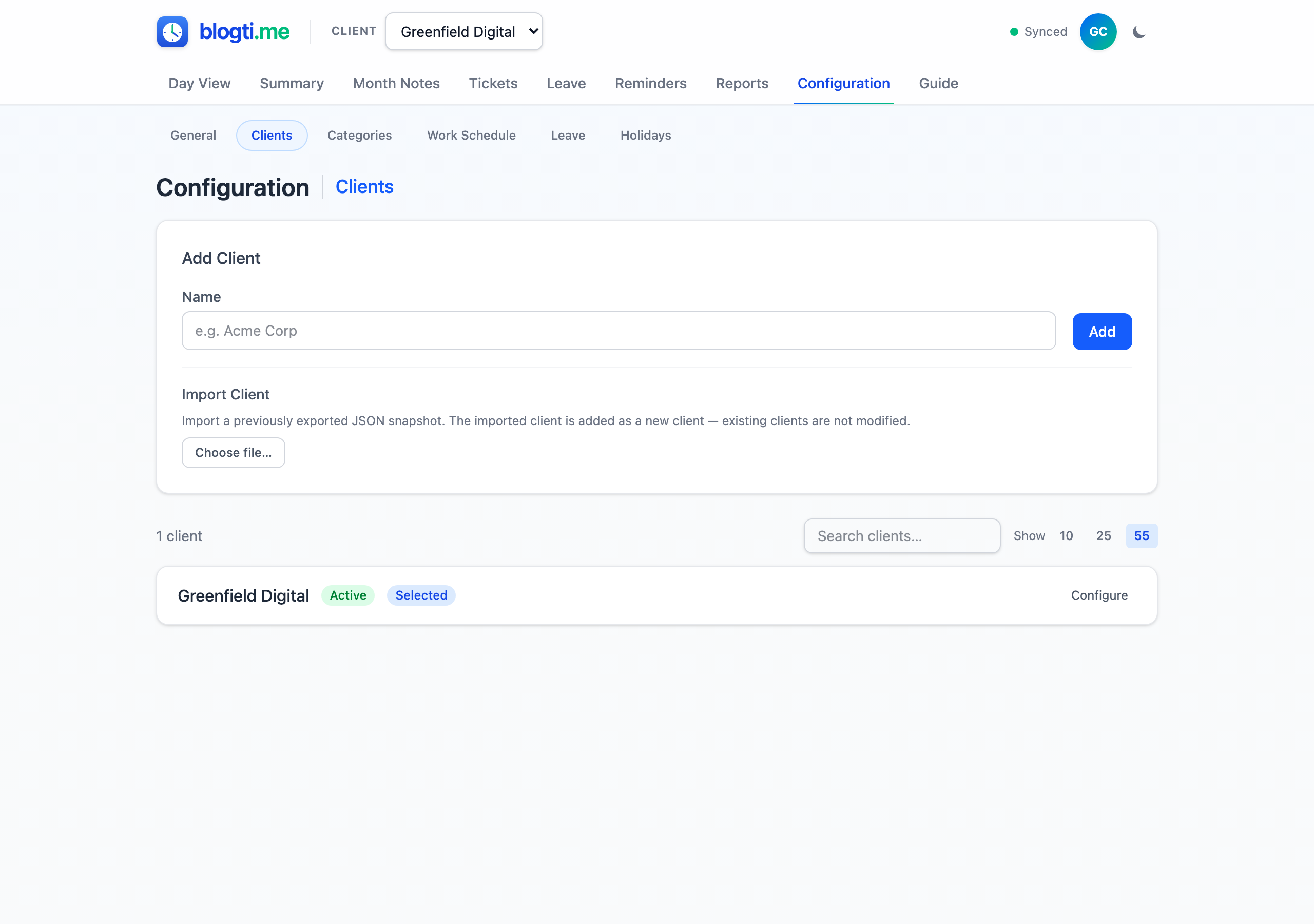 Clients page showing global settings, add client form, import option, and client list with active/selected badges