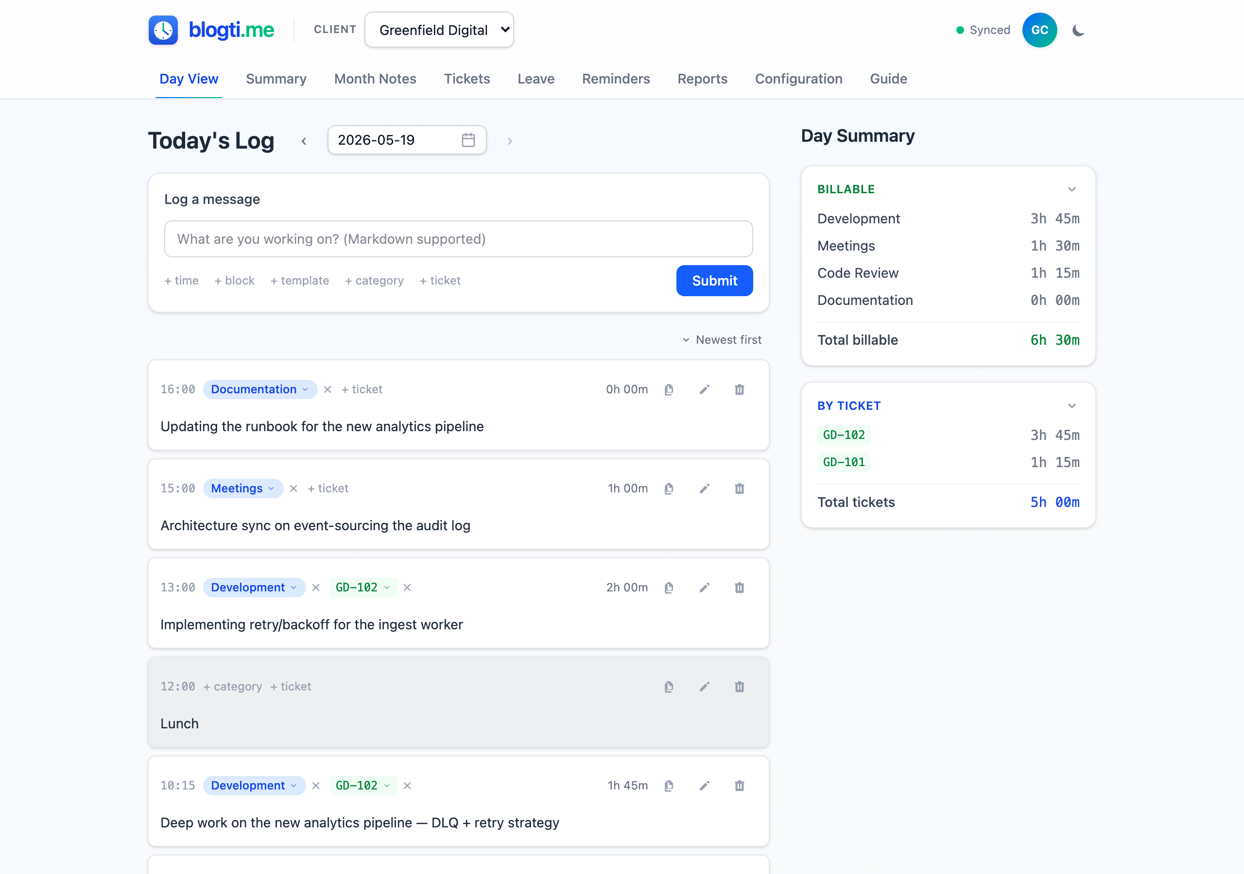 Day View showing the message input form, date navigation, and day summary sidebar