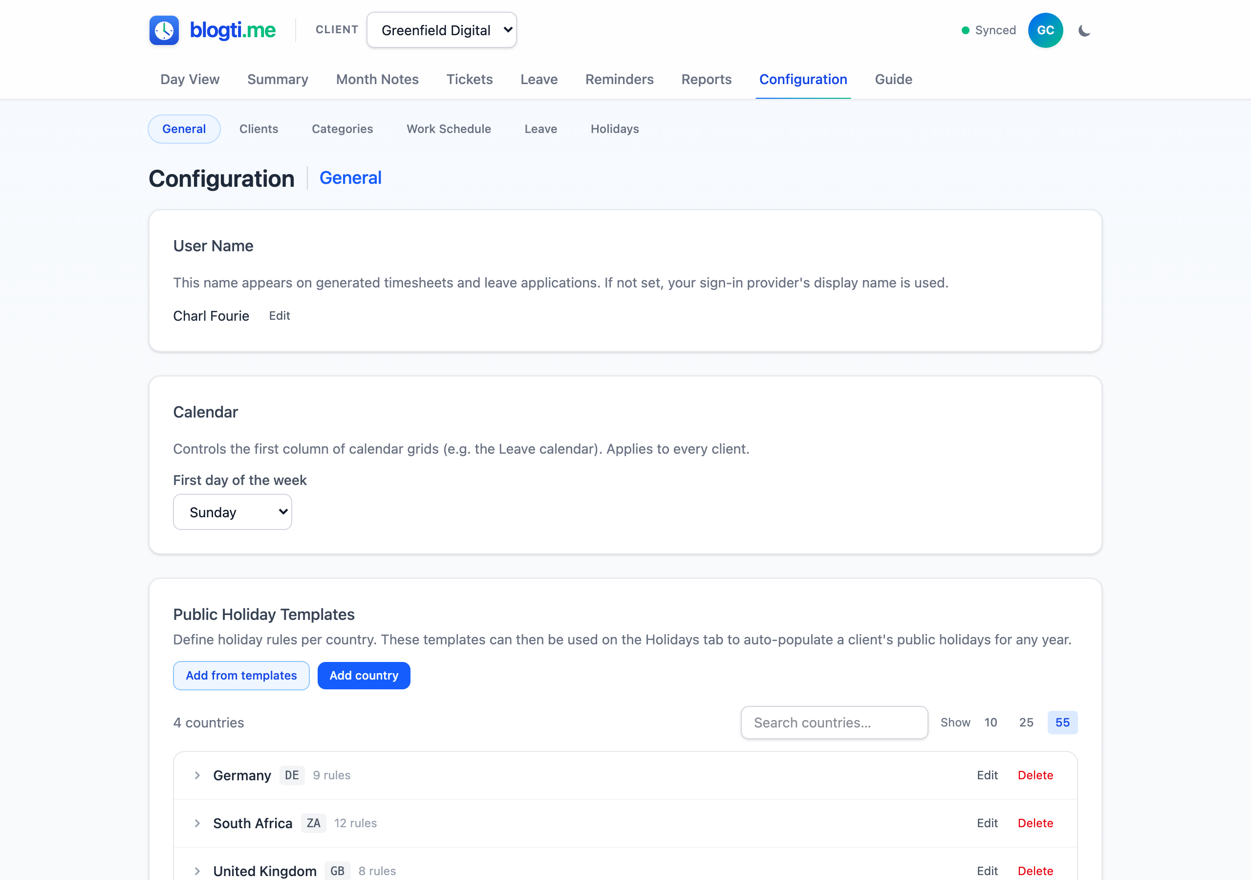General configuration page showing the user name field, the first day of the week dropdown, and the public holiday templates section with seeded countries