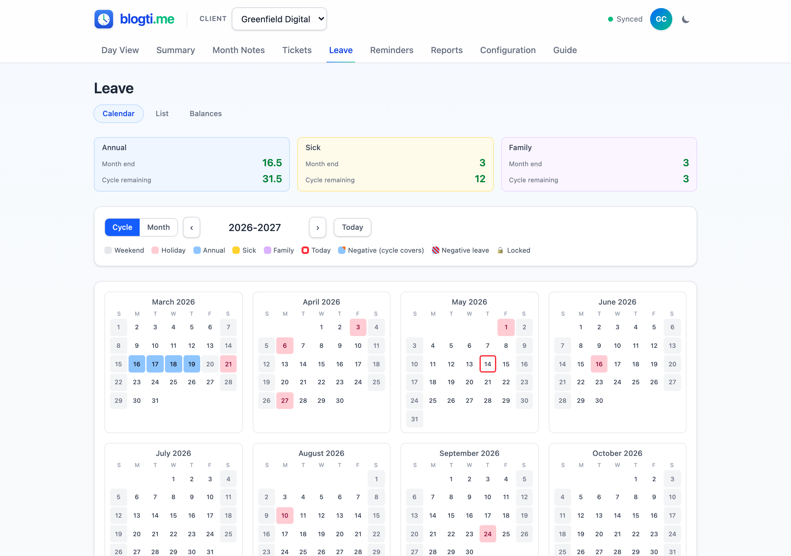 Leave calendar in cycle view: a compact balance summary above 12 colour-coded mini-months showing weekends, public holidays, and booked leave