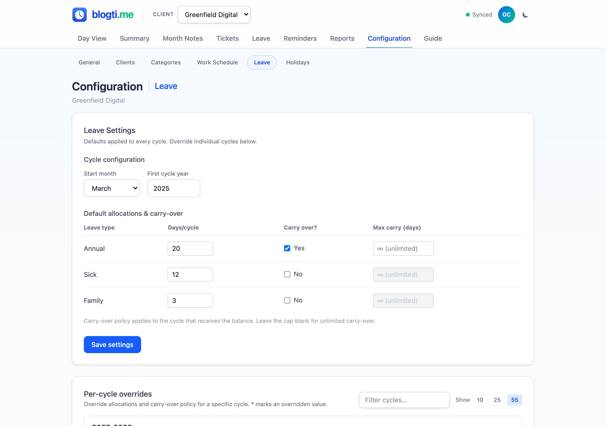 Configuration > Leave page showing the default allocations and per-type carry-over table with expandable per-cycle override cards