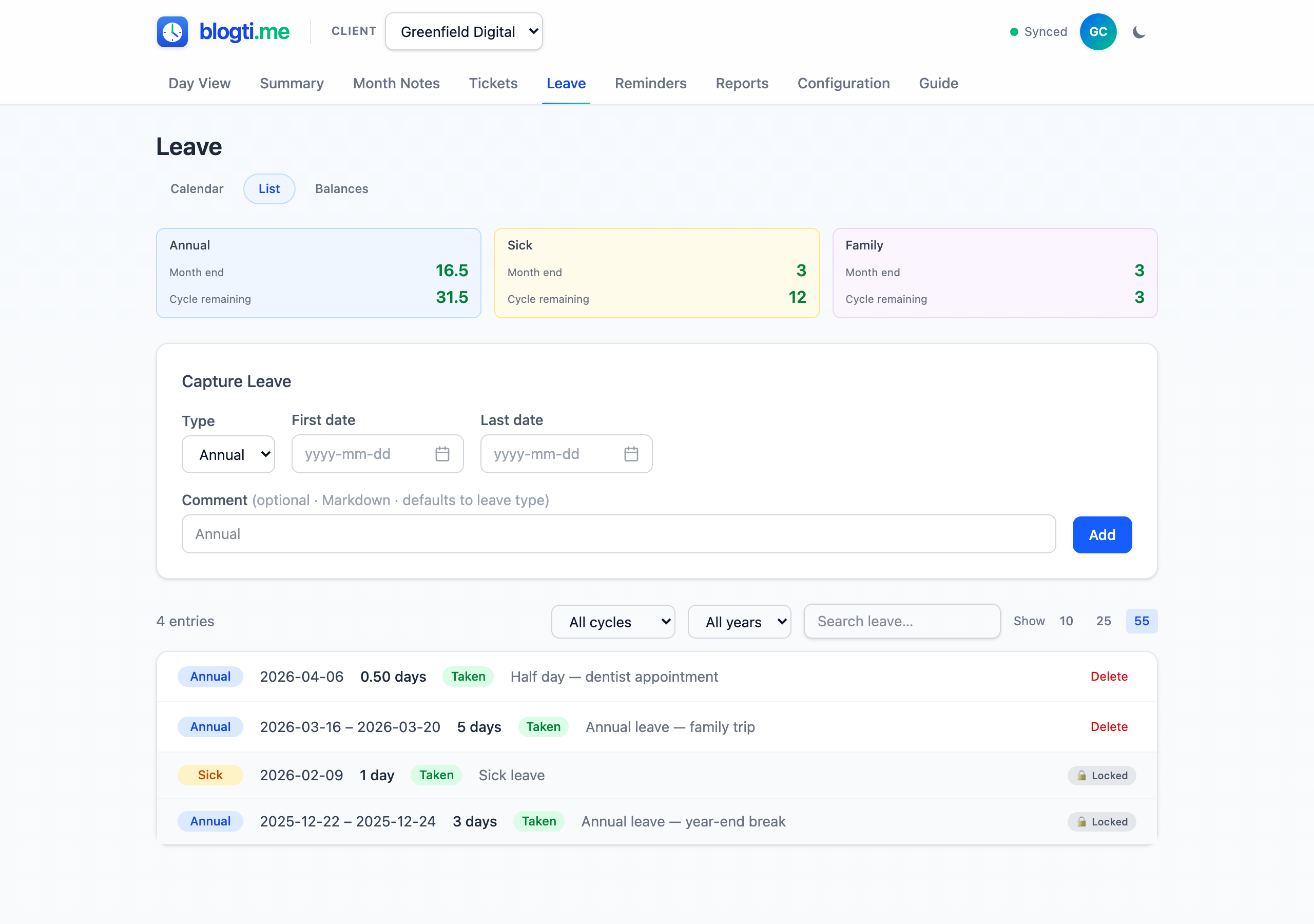 Leave list view with the compact balance summary at the top, the date-based capture form, and a paginated history of leave events