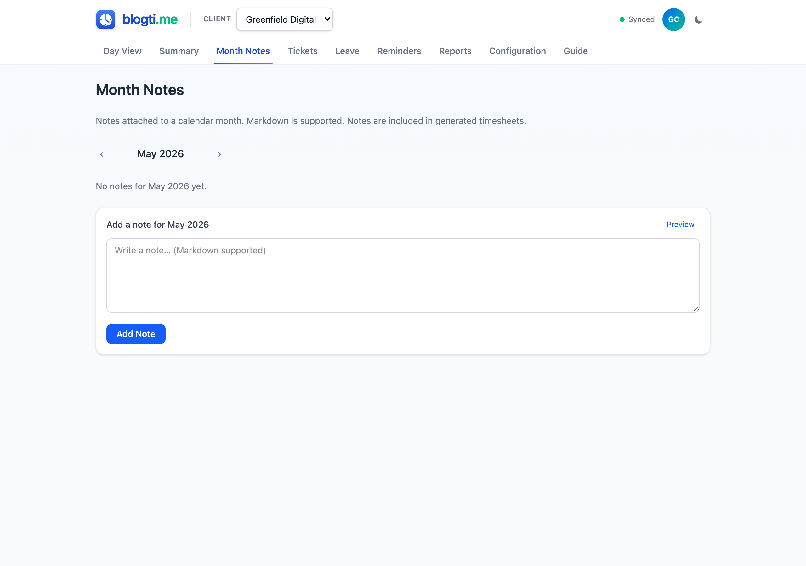 Month Notes page with month navigation and a Markdown editor for adding notes