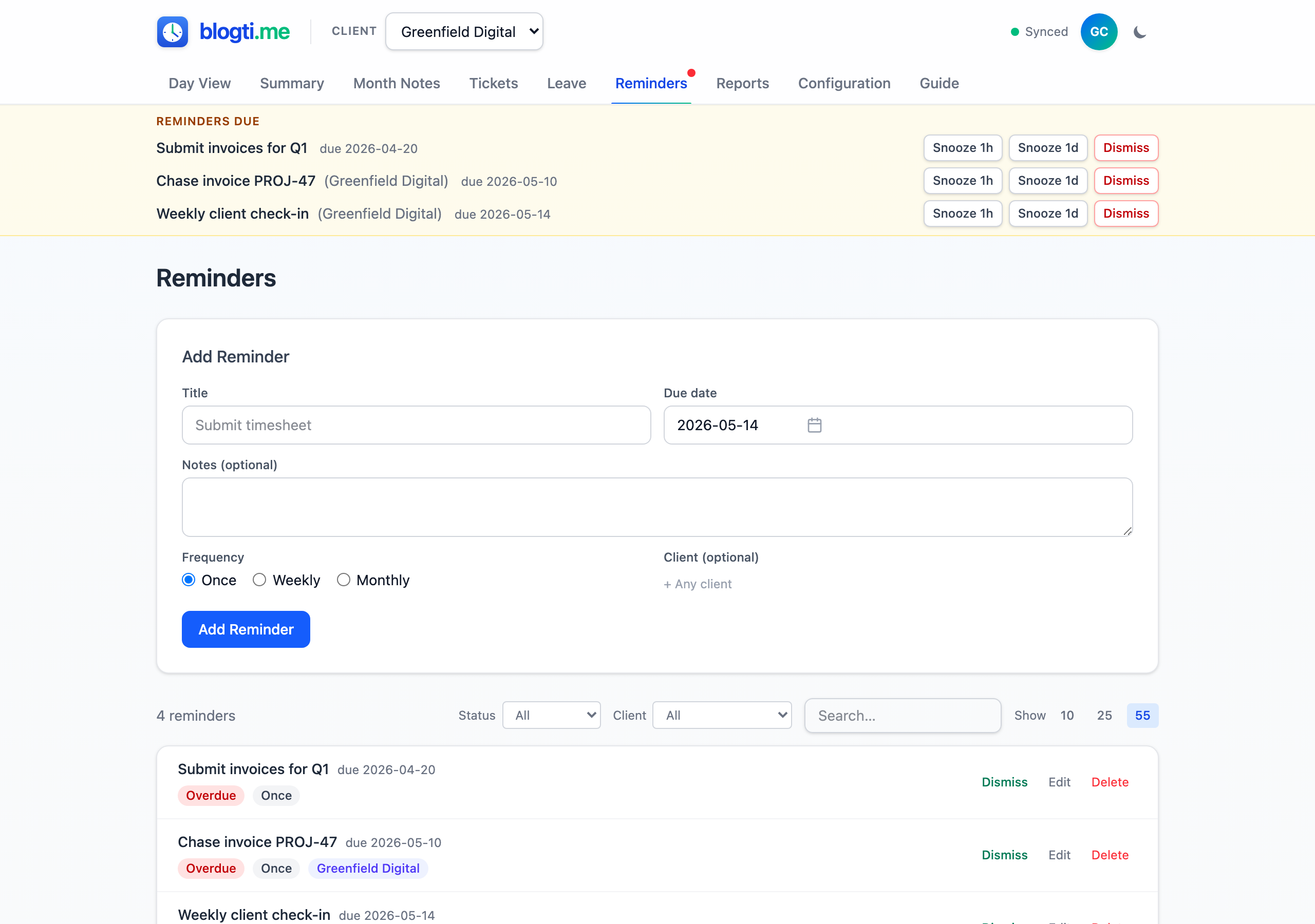 Reminders page showing the capture form, filters, and a list of reminders with status badges