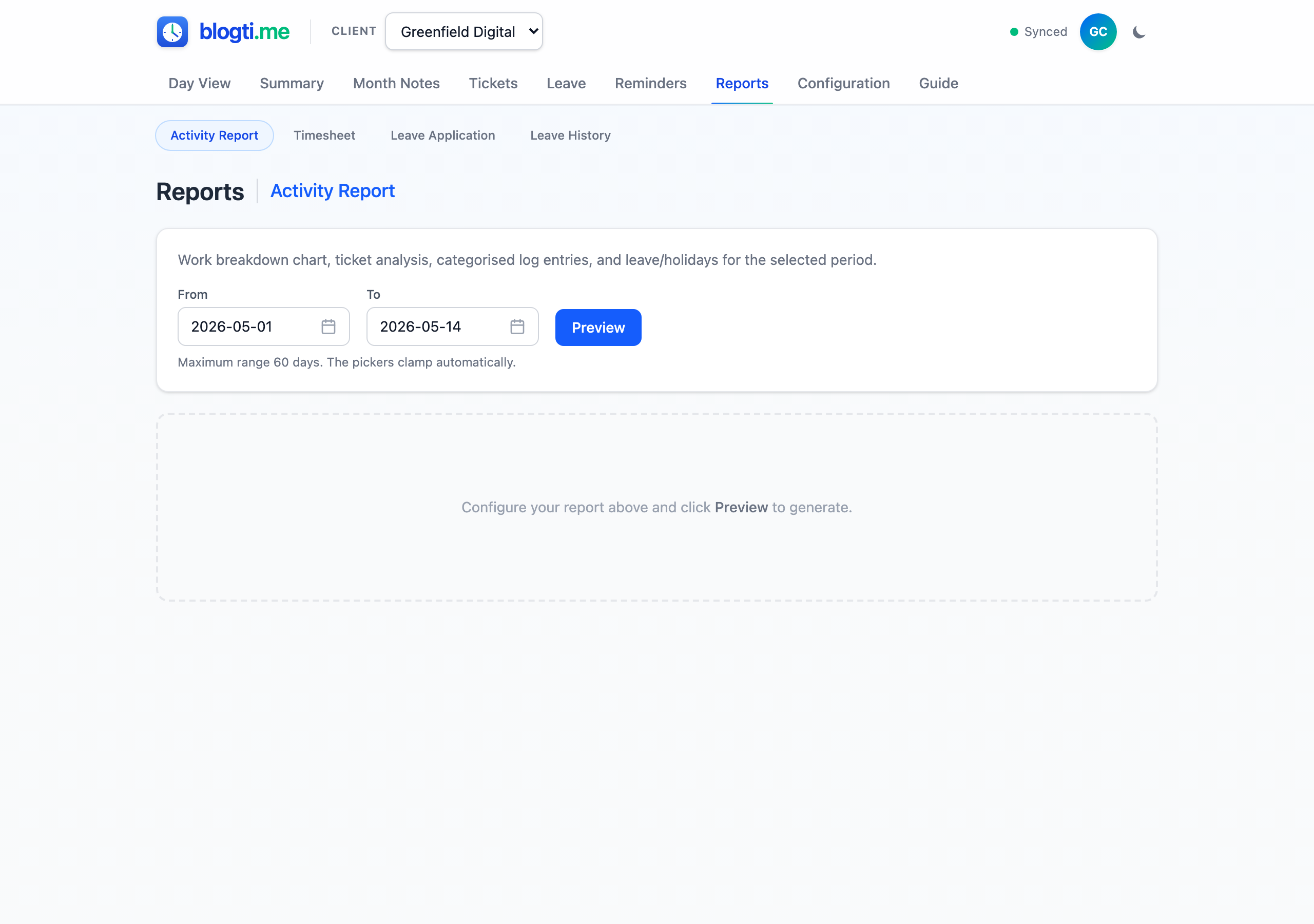 Reports page showing the four report tabs: Activity Report, Timesheet, Leave Application, and Leave History