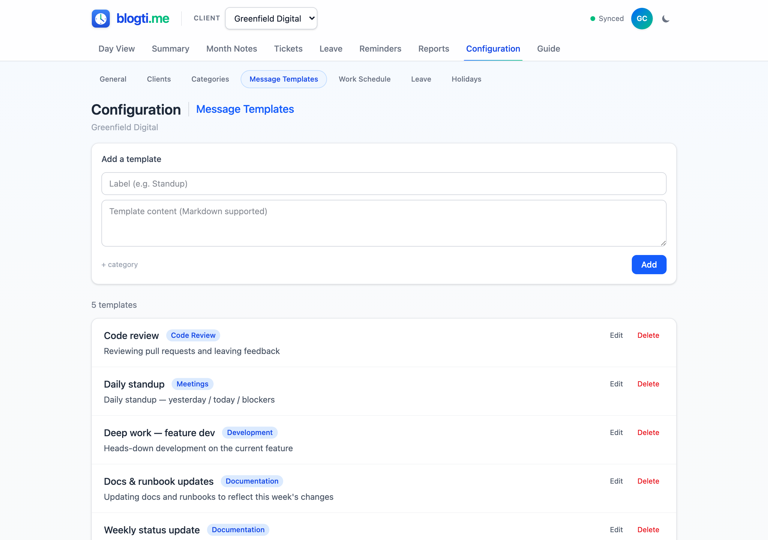 Message Templates configuration page showing the add form and existing templates list
